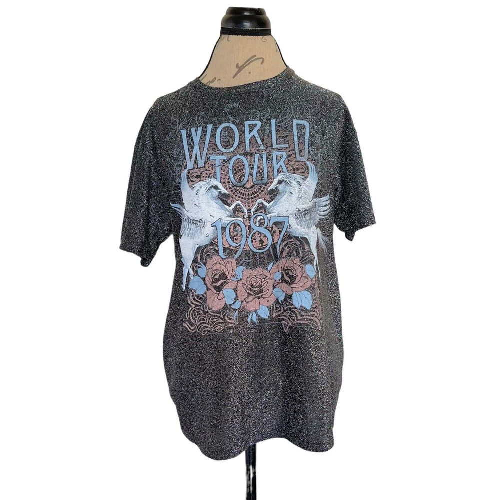 Altar'd State Womens  Glitter World Tour Blouse Metallic Short Sleeve Size XS
